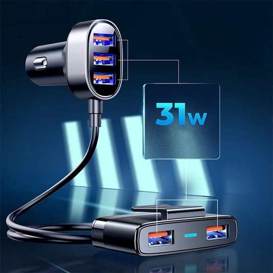 Auto-oplader - 5 USB 3.0 poorten snellader 1,5m kabel - Zwart
