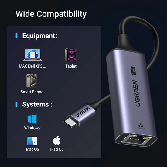 Ugreen CM648 ethernet adapter - USB-C naar RJ45 - 2,5 Gb/s - aluminium