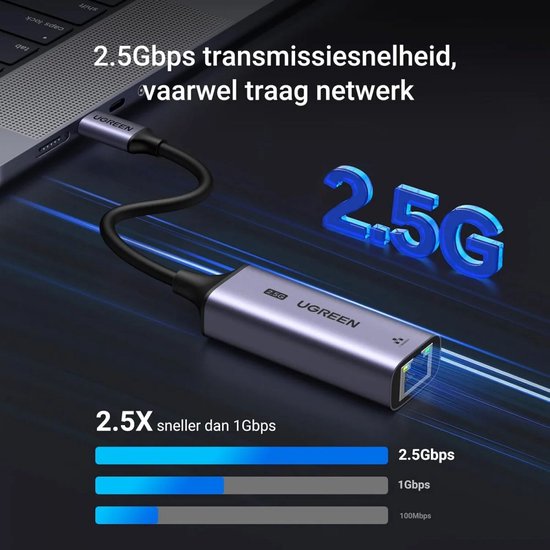 Ugreen CM648 ethernet adapter - USB-C naar RJ45 - 2,5 Gb/s - aluminium