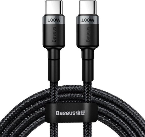 Baseus Cafule USB-C naar USB-C kabel - gewoven 5A 100W PD QC 3.0 - 2 meter - Zwart/grijs