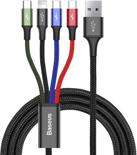 Baseus USB kabel - 4-in-1 Lightning/2x USB-C/micro USB - nylon vlecht 3,5A 1,2 m - Zwart