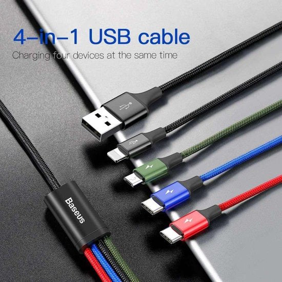 Baseus USB kabel - 4-in-1 Lightning/2x USB-C/micro USB - nylon vlecht 3,5A 1,2 m - Zwart