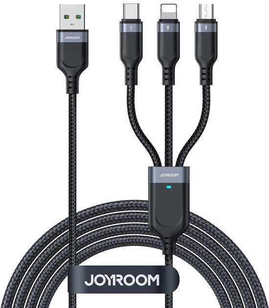 Joyroom kabel 3-in-1 - USB-A naar Lightning en USB-C en Micro-USB - 3,5 A - 1,2 m - Zwart