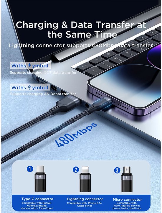 Joyroom kabel 3-in-1 - USB-A naar Lightning en USB-C en Micro-USB - 3,5 A - 1,2 m - Zwart