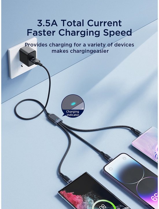 Joyroom kabel 3-in-1 - USB-A naar Lightning en USB-C en Micro-USB - 3,5 A - 1,2 m - Zwart