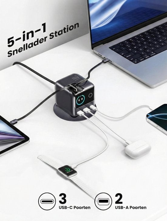 Joyroom oplader 140W - snellader met 2× uittrekbare USB-C kabel 100W - LCD display - geschikt voor laptop, tablet en telefoon