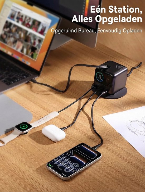 Joyroom oplader 140W - snellader met 2× uittrekbare USB-C kabel 100W - LCD display - geschikt voor laptop, tablet en telefoon