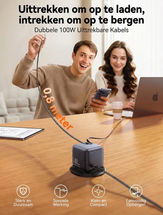 Joyroom oplader 140W - snellader met 2× uittrekbare USB-C kabel 100W - LCD display - geschikt voor laptop, tablet en telefoon