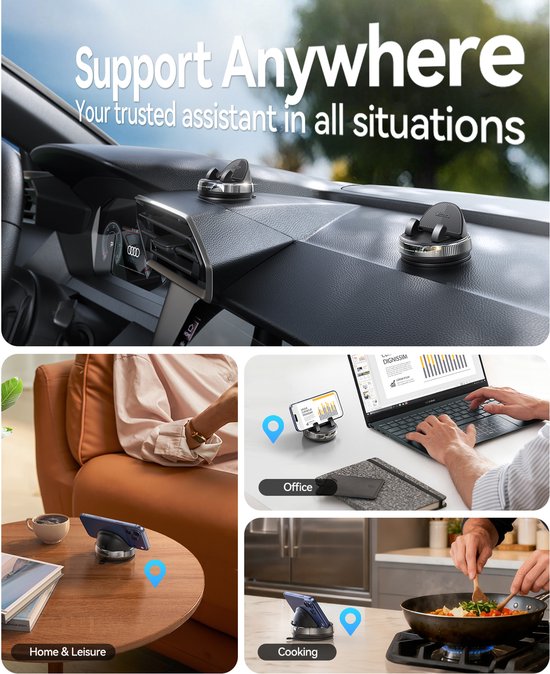 Joyroom telefoonhouder - dashboard voor auto caravan bureau en keuken - 360° draaibaar en herbruikbaar - Zwart