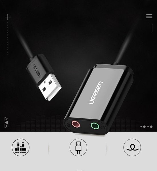 Externe geluidskaart - USB naar 3,5 mm mini-jack - kabel 15 cm - Zwart