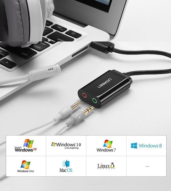 Externe geluidskaart - USB naar 3,5 mm mini-jack - kabel 15 cm - Zwart