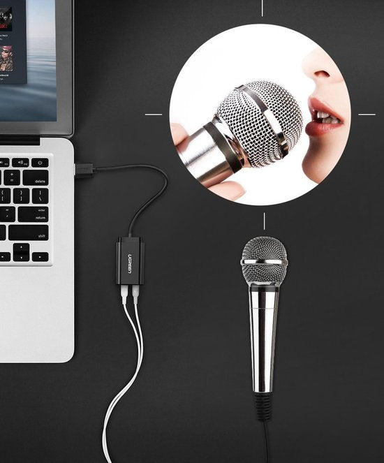 Externe geluidskaart - USB naar 3,5 mm mini-jack - kabel 15 cm - Zwart