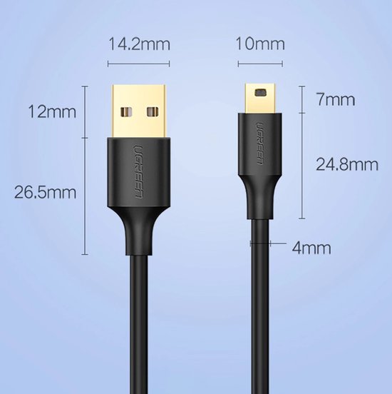 Ugreen USB naar mini-USB kabel - 5-pins verguld - 0,5 m - Zwart - US132