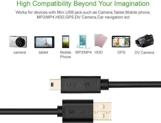 Ugreen USB naar mini-USB kabel - 5-pins verguld - 0,5 m - Zwart - US132
