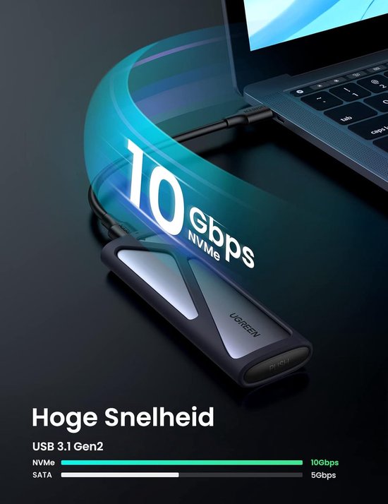 UGREEN M.2 NVMe SSD behuizing - USB-C 3.1 Gen 2 10 Gbps UASP - M en M&B key - 2230/2242/2260/2280 - tot 2 TB