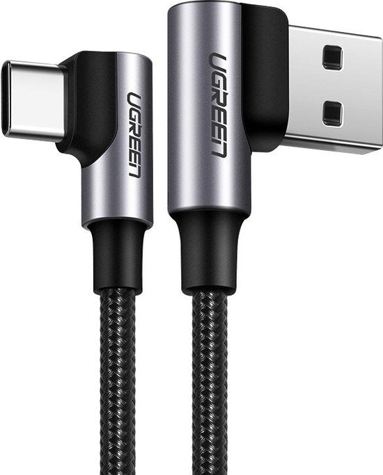 Ugreen USB naar USB-C kabel - haaks - Quick Charge 3.0 - 3 A - 1 meter - Grijs
