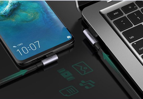 Ugreen USB naar USB-C kabel - haaks - Quick Charge 3.0 - 3 A - 1 meter - Grijs