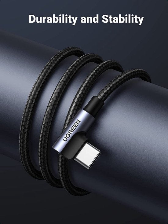 Ugreen USB naar USB-C kabel - haaks - Quick Charge 3.0 - 3 A - 1 meter - Grijs
