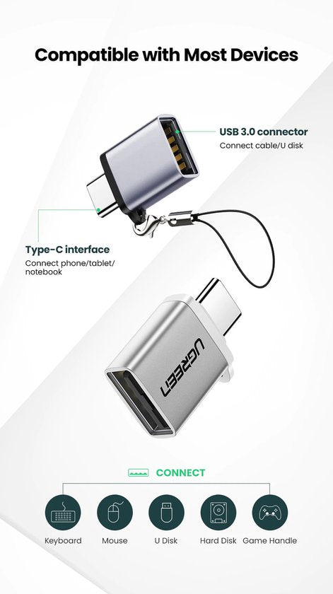 Ugreen adapter - USB-C naar USB-A 3.0 OTG - Grijs