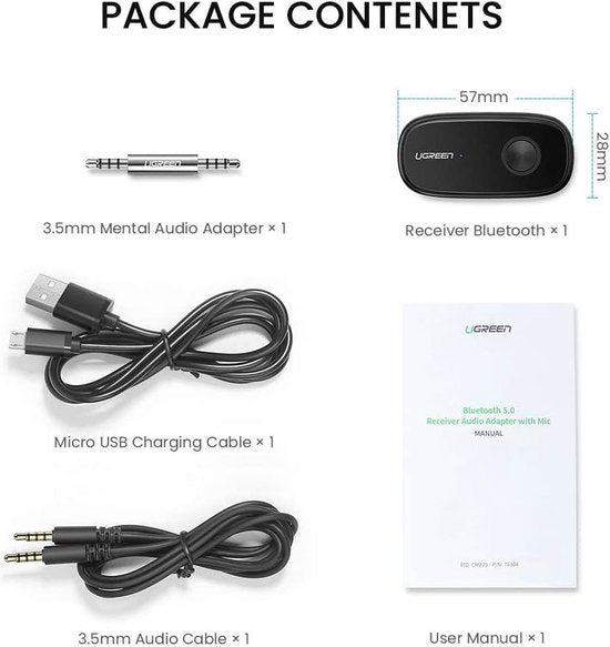 Ugreen bluetooth 5.0 audio-ontvanger - AUX aptX LL mini-jack - Zwart