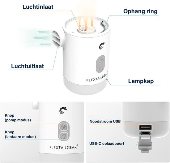 Flextail Gear Max Pump 2 Pro luchtbedpomp - 4-in-1 luchtpomp - lantaarn - vacuümpomp - noodpowerbank - Wit