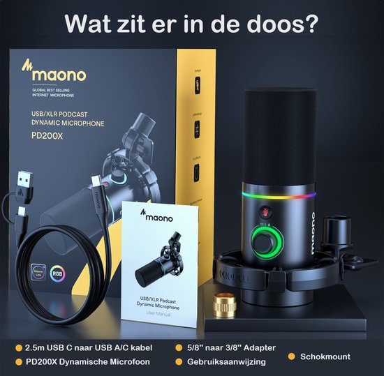 Maono PD200X microfoon - XLR dynamische RGB USB - streaming podcast studio gaming PS4/5