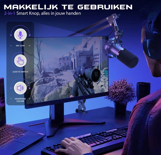 Maono PD200XS microfoon - XLR dynamisch RGB met telescopische arm 66 cm - USB streaming