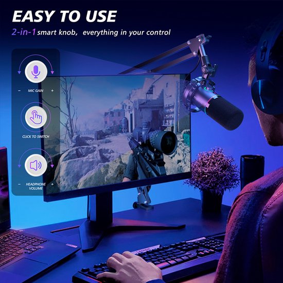 Maono PD200XS microfoon - XLR dynamisch RGB met telescopische arm 66 cm - USB streaming