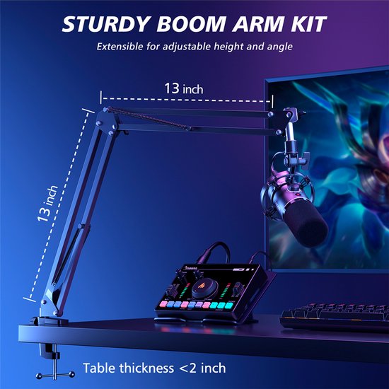 Maono PD200XS microfoon - XLR dynamisch RGB met telescopische arm 66 cm - USB streaming