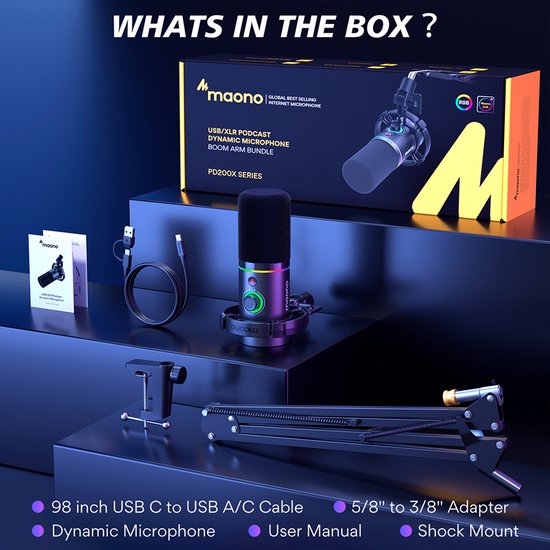 Maono PD200XS microfoon - XLR dynamisch RGB met telescopische arm 66 cm - USB streaming
