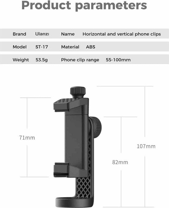 Ulanzi ST-17 telefoonhouder - 360° draaibaar voor statief - cold shoe mount - tot 10 cm breed - Zwart