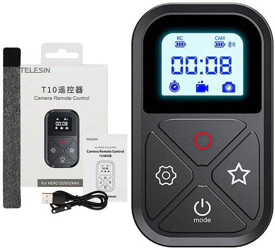Telesin T10 afstandsbediening - draadloos bluetooth - voor GoPro 13/12/11/10/9/8 en smartphone - inclusief polsband en display - Zwart