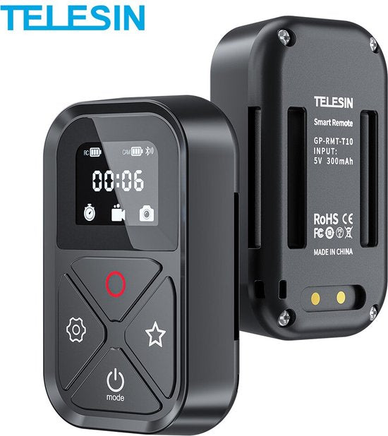 Telesin T10 afstandsbediening - draadloos bluetooth - voor GoPro 13/12/11/10/9/8 en smartphone - inclusief polsband en display - Zwart