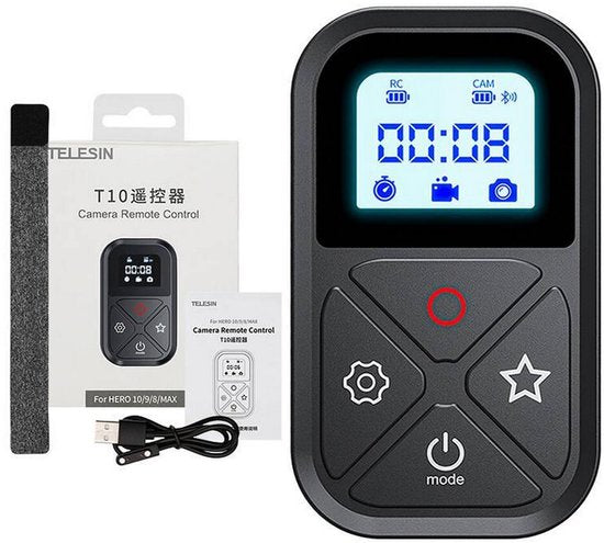 Telesin T10 afstandsbediening - draadloos bluetooth - voor GoPro 13/12/11/10/9/8 en smartphone - inclusief polsband en display - Zwart