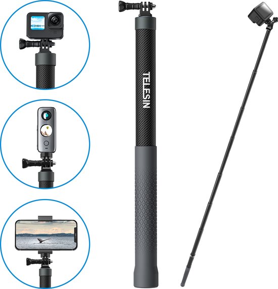Telesin selfie stick - 3 m extendable - carbon - for GoPro, action cameras, DJI Osmo, Insta360 - Black/Grey