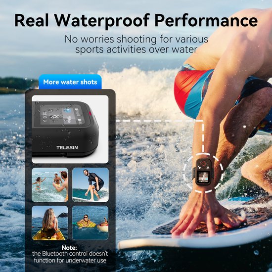 Telesin V2 Bluetooth afstandsbediening - voor GoPro 13/12/11/10/9/8/MAX & smartphone - waterbestendig 80 m bereik - Zwart