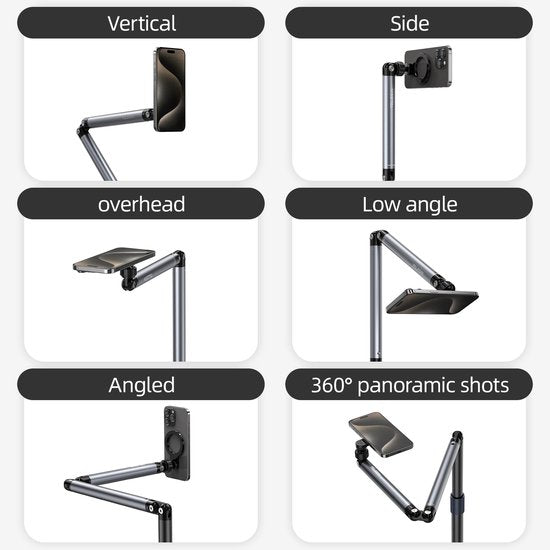 Telesin live streaming vloerstatief - MagSafe - verstelbaar 65-165 cm - 360° draaibaar - verzwaarde voet 1,5 kg - aluminium - Zwart