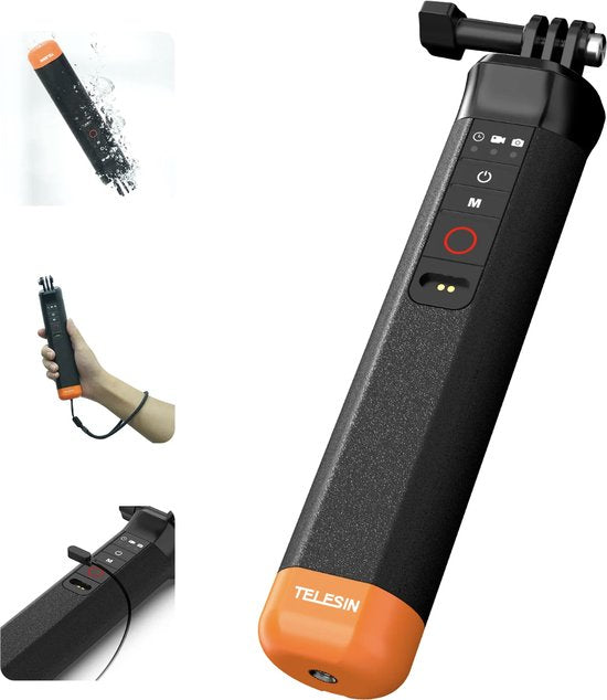 Telesin Bobber drijvende handgreep - onderwater met afstandsbediening - geschikt voor GoPro 8 t/m 13 - waterdicht tot 15 meter - Zwart/oranje