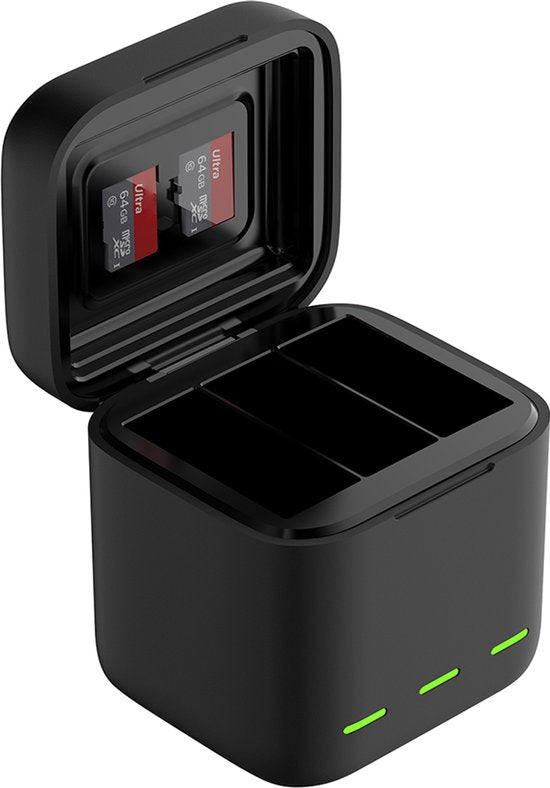 Telesin batterij oplaadbox - GoPro Hero 13 - 3 batterijen en 2 micro-SD kaarten - LED indicatie - Zwart