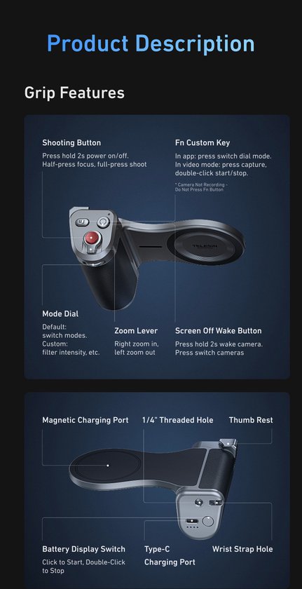 Telesin Master Grip magnetische handgreep - iPhone 17 Pro Max hoesje - dubbele MagSafe - statiefbevestiging - Grijs