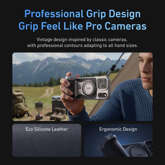 Telesin Master Grip magnetische handgreep - iPhone 17 Pro Max hoesje - dubbele MagSafe - statiefbevestiging - Grijs