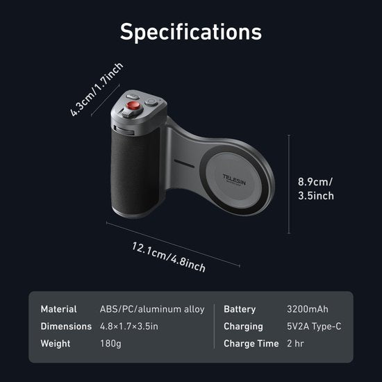 Telesin Master Grip magnetische handgreep - iPhone 17 Pro Max hoesje - dubbele MagSafe - statiefbevestiging - Grijs