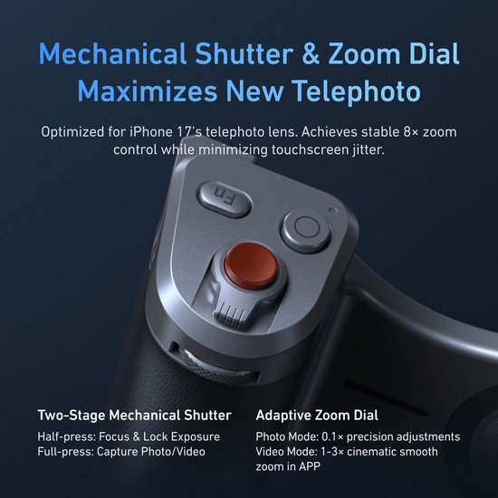 Telesin Master Grip magnetische handgreep - iPhone 17 Pro Max hoesje - dubbele MagSafe - statiefbevestiging - Grijs