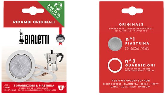Bialetti filterplaatje set - aluminium 55 mm - voor Moka Express en Moka Induction 6 kops - inclusief 3 rubberen ringen