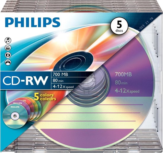 Philips CD-RW schijven - 80 min 700 MB 4-12x - slimcase 5 stuks