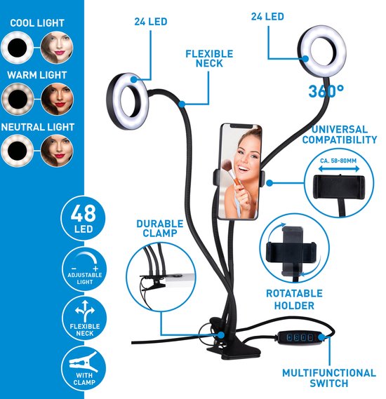 Grundig ringlamp - telefoonhouder tafelklem - 2x 9 cm 48 LED's - flexibele armen