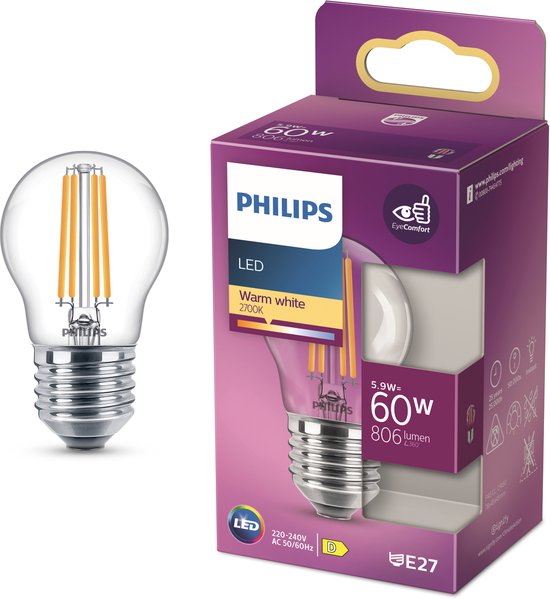 Philips LED lamp - kogellamp E27 warmwit 2700K 60W - helder glas