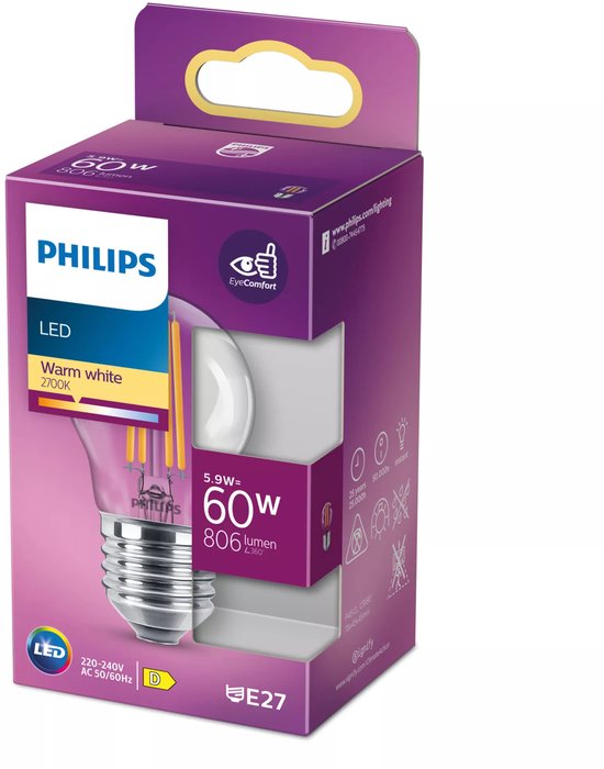 Philips LED lamp - kogellamp E27 warmwit 2700K 60W - helder glas