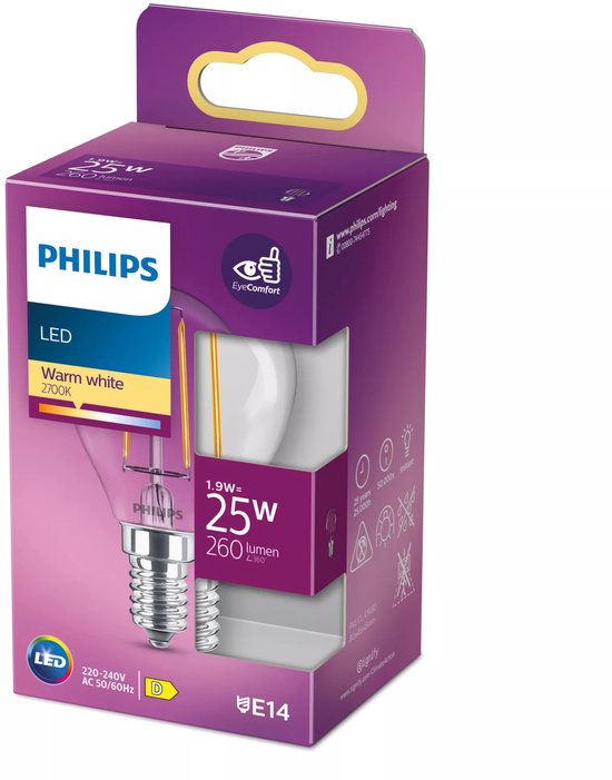 Philips LED kogellamp - E14 - 25 W - warmwit licht - Transparant
