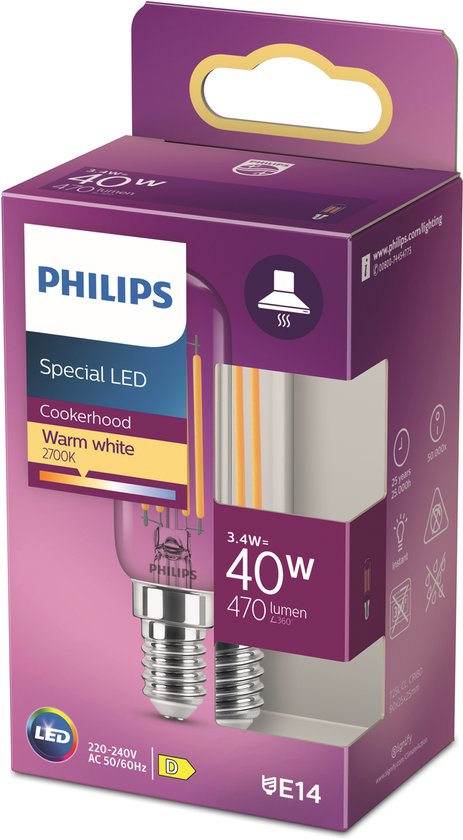 Philips LED bulb - T25 cooker hood bulb with E14 fitting - warm white 2700K - 40W - clear glass